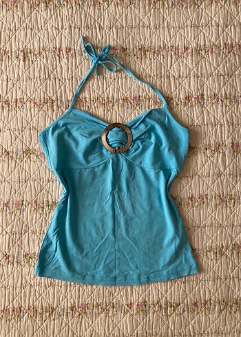 american vintage 70s mavi askılı boyundan bağlamalı bluz