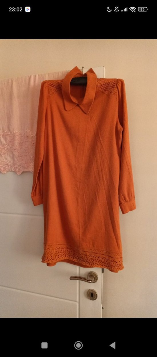 Uzun Kollu Bej Keten Tunik - Görsel 2