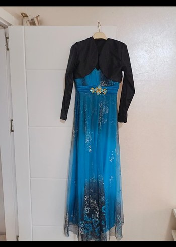 Uzun Drapeli Lacivert V Yaka Kadın Abiye Elbise - Görsel 5