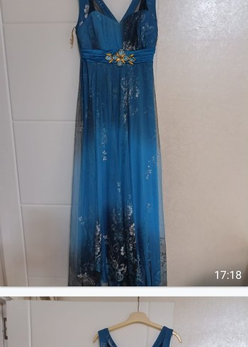 Uzun Drapeli Lacivert V Yaka Kadın Abiye Elbise - Görsel 3