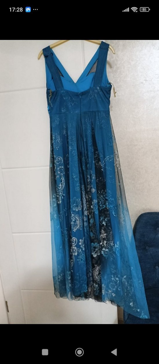 Uzun Drapeli Lacivert V Yaka Kadın Abiye Elbise - Görsel 2