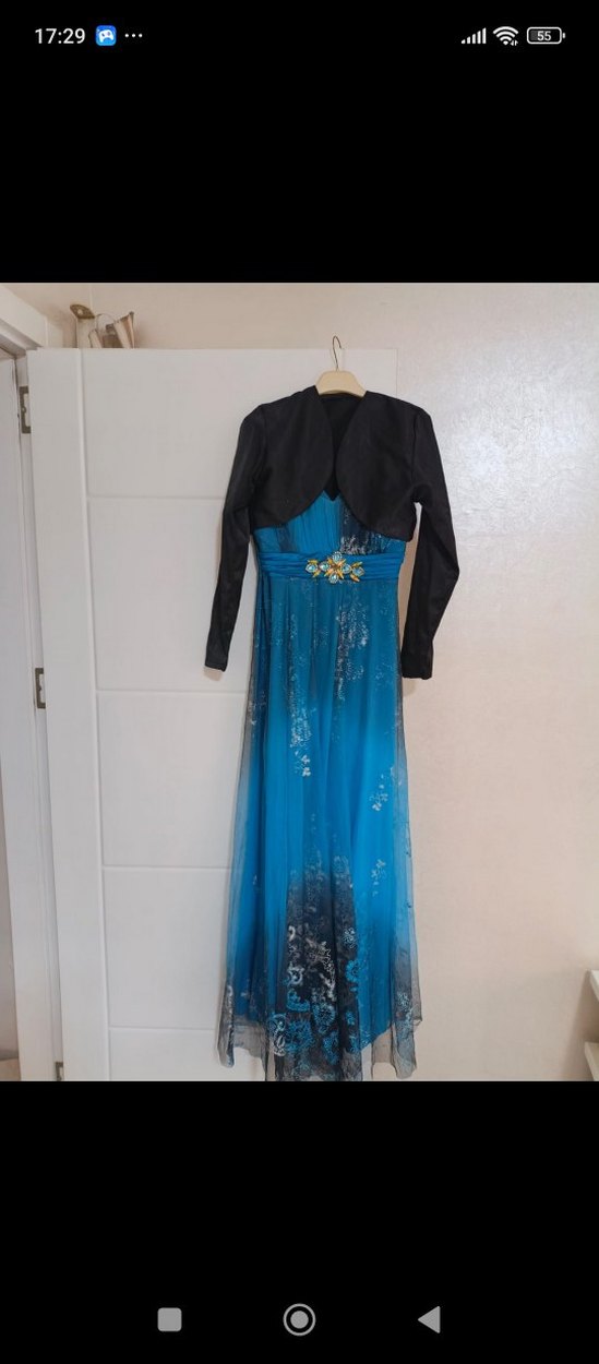 Uzun Drapeli Lacivert V Yaka Kadın Abiye Elbise - Görsel 5