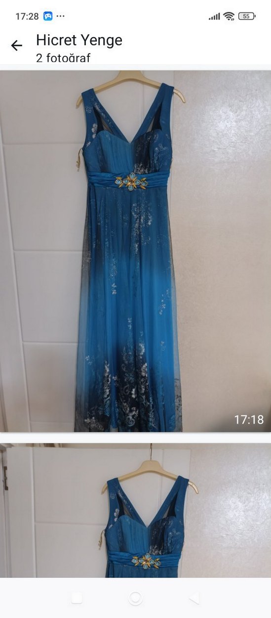 Uzun Drapeli Lacivert V Yaka Kadın Abiye Elbise - Görsel 3