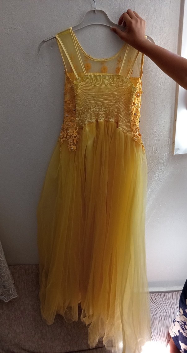 Sarı İşlemeli Straplez Uzun Abiye Elbise - Görsel 2