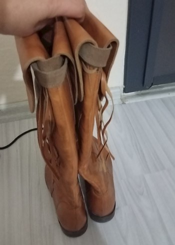 Acik kahverengi Deri Kadın Dizüstü Botlar - Görsel 3
