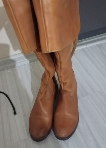 Acik kahverengi Deri Kadın Dizüstü Botlar - Görsel 2