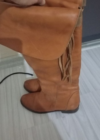 Acik kahverengi Deri Kadın Dizüstü Botlar - Görsel 4