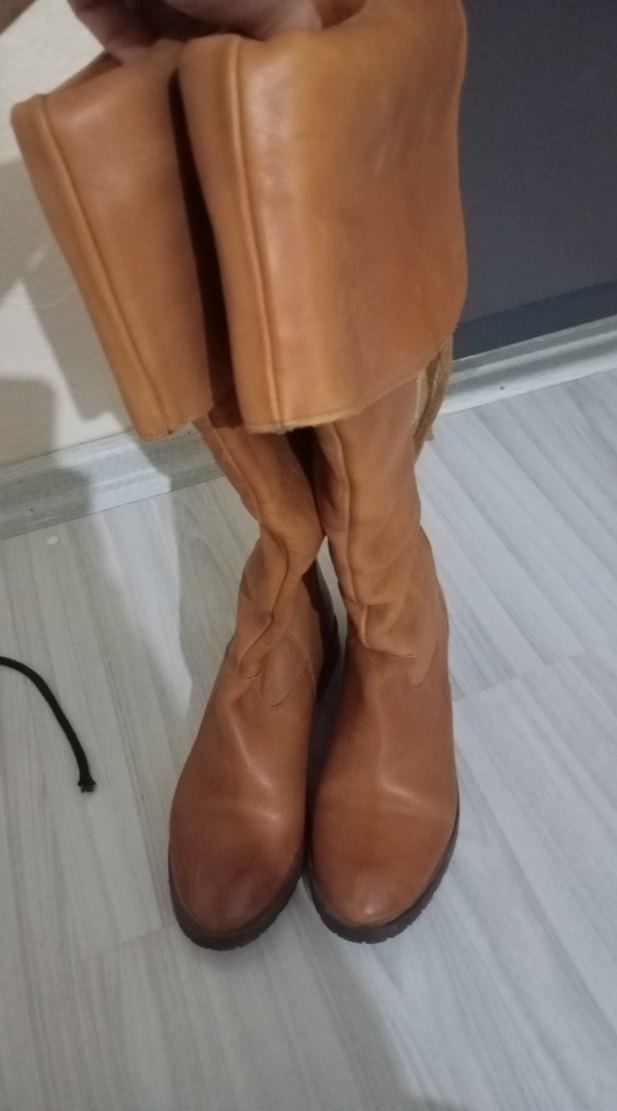 Acik kahverengi Deri Kadın Dizüstü Botlar - Görsel 2