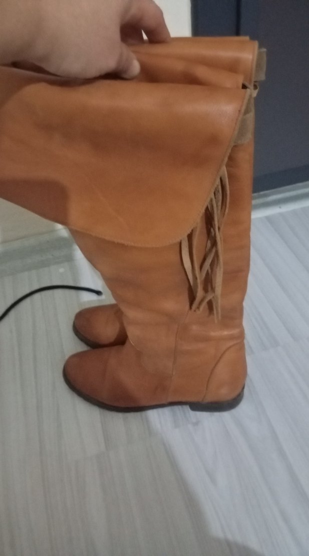 Acik kahverengi Deri Kadın Dizüstü Botlar - Görsel 4