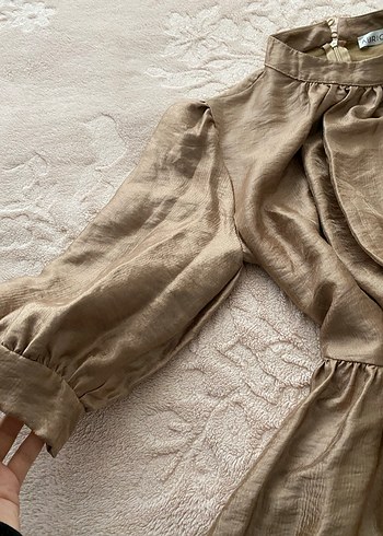 Bej Keten Midi Elbise Yüksek Yakalı - Görsel 3