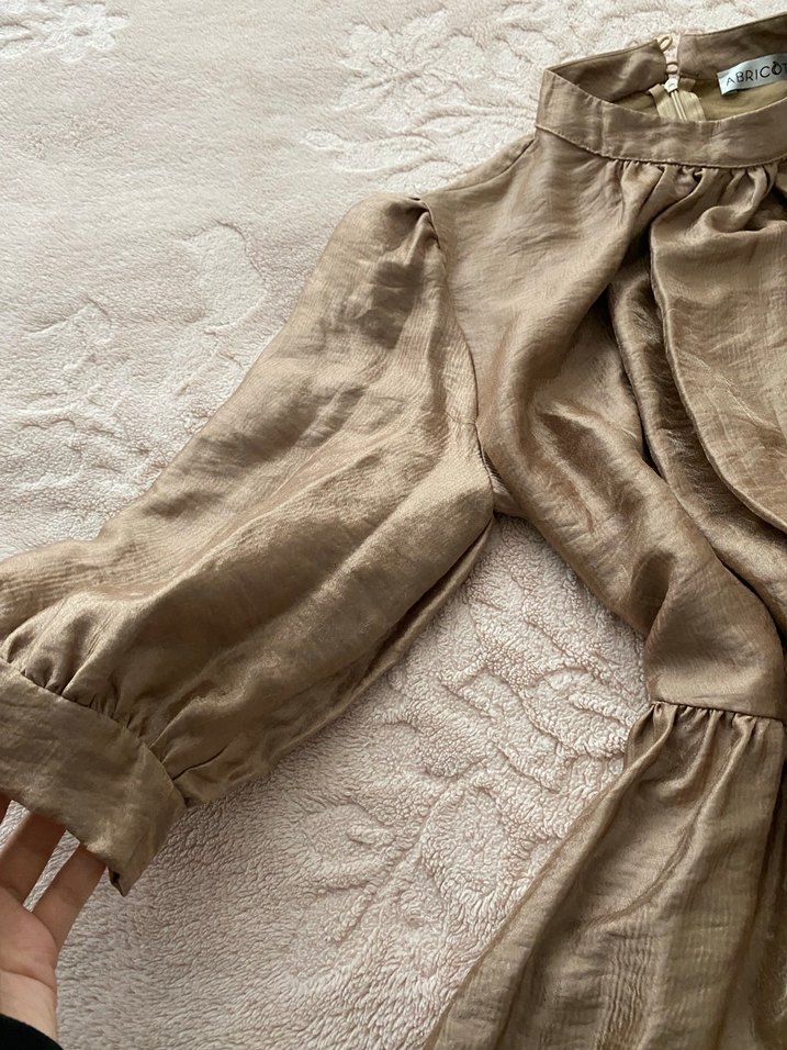 Bej Keten Midi Elbise Yüksek Yakalı - Görsel 3