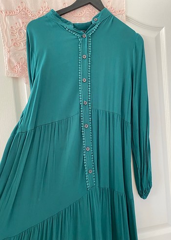 Turkuaz Uzun Volanlı Bohem Elbise - Görsel 2