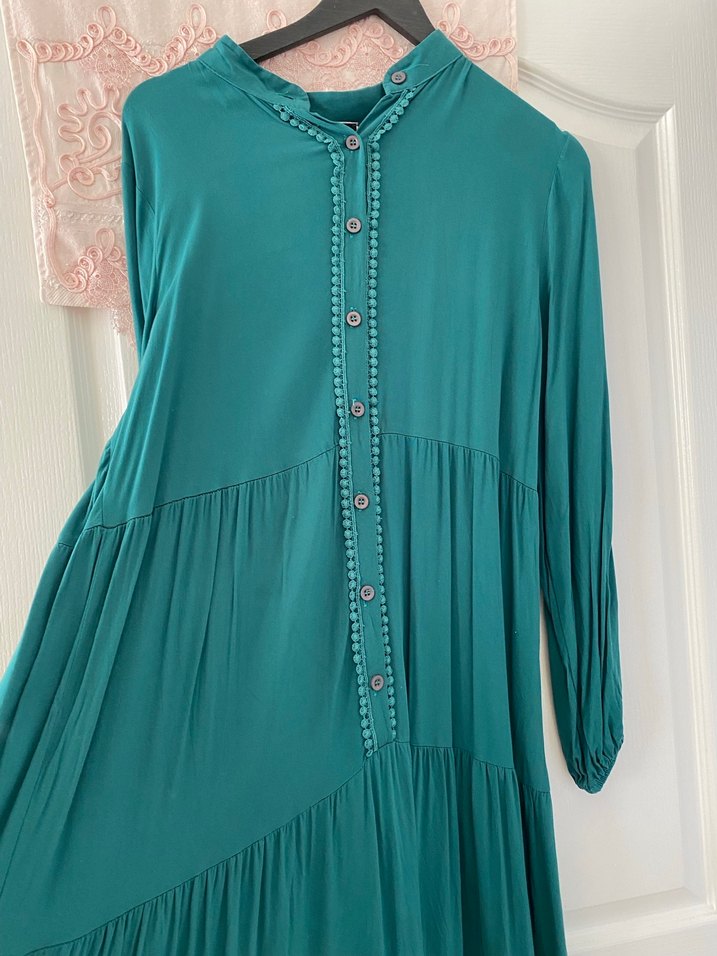 Turkuaz Uzun Volanlı Bohem Elbise - Görsel 2