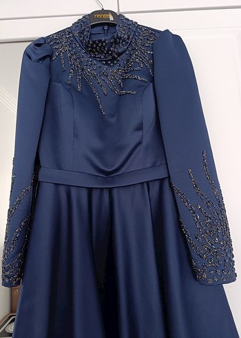 Uzun Kollu Lacivert Abiye Elbise - Görsel 2