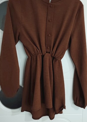 Düğmeli Uzun Kollu Kahverengi Keten Tunik - Görsel 2