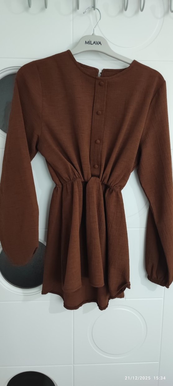 Düğmeli Uzun Kollu Kahverengi Keten Tunik - Görsel 2