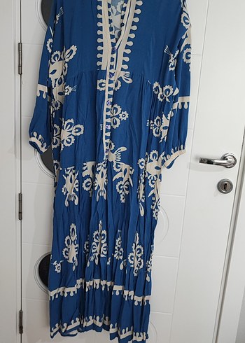 Uzun Mavi Nakışlı Bohem Elbise - Görsel 2