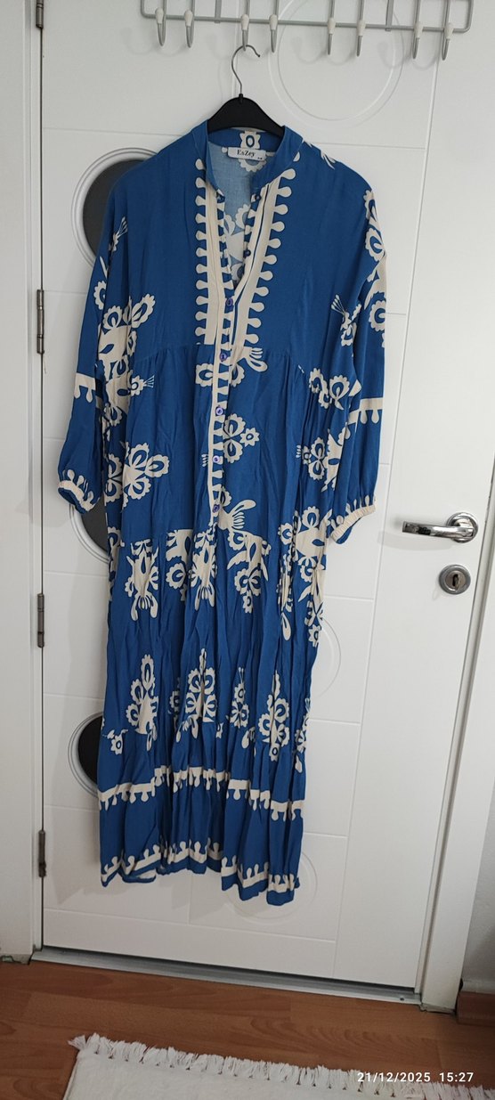 Uzun Mavi Nakışlı Bohem Elbise - Görsel 2