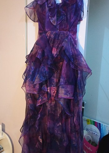 Mor Drapeli Uzun İnce Askılı Abiye Elbise - Görsel 2