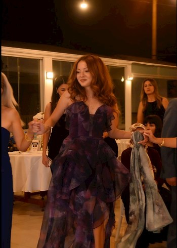 Mor Drapeli Uzun İnce Askılı Abiye Elbise - Görsel 4