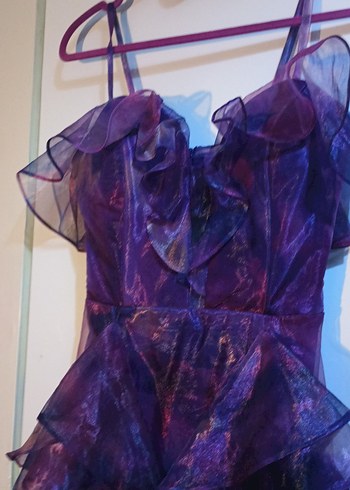 Mor Drapeli Uzun İnce Askılı Abiye Elbise - Görsel 3