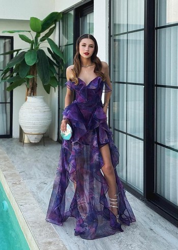 Mor Drapeli Uzun İnce Askılı Abiye Elbise - Görsel 5