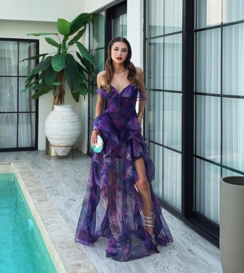 Mor Drapeli Uzun İnce Askılı Abiye Elbise - Görsel 5