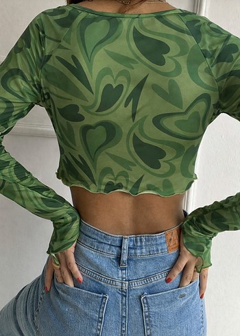 Kadın Ön Tül Detay Asimetrik Kesim Uzun Kollu Crop Bluz - Görsel 2