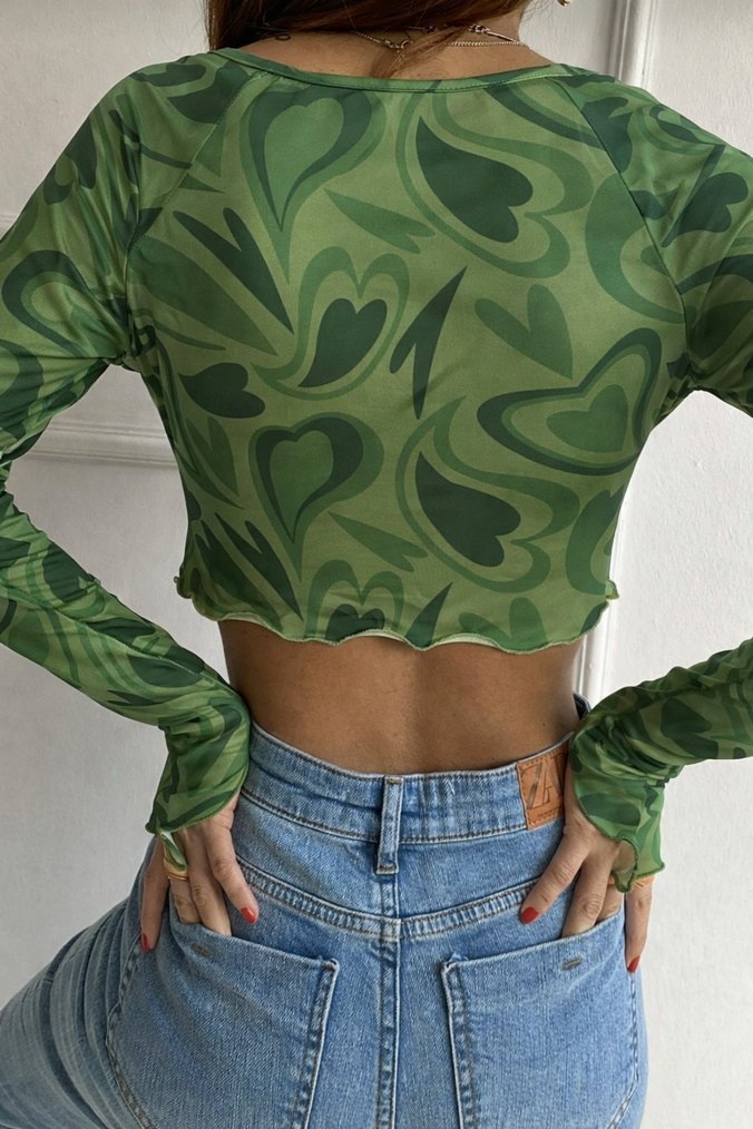 Kadın Ön Tül Detay Asimetrik Kesim Uzun Kollu Crop Bluz - Görsel 2