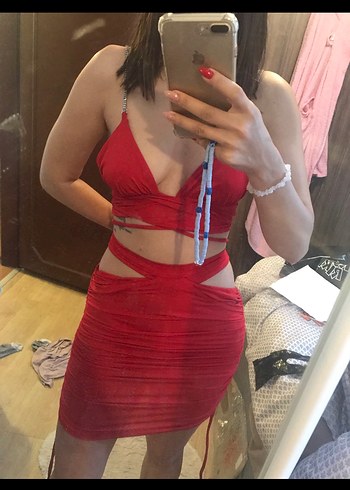 Kırmızı Drapeli Mini Abiye Elbise - Görsel 6