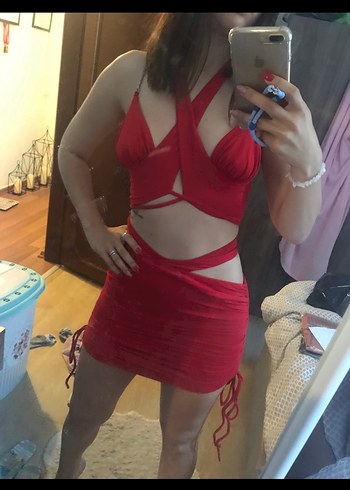 Kırmızı Drapeli Mini Abiye Elbise - Görsel 7