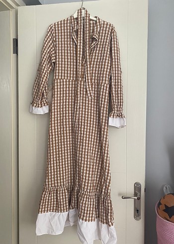 Bej Kareli Uzun Kollu Kadın Elbise - Görsel 2