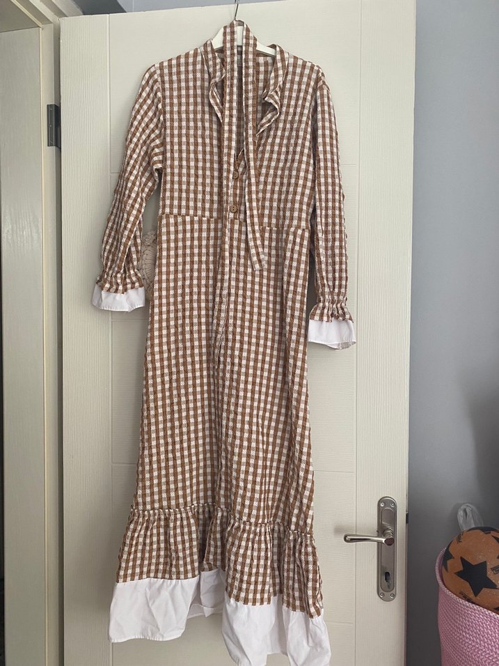 Bej Kareli Uzun Kollu Kadın Elbise - Görsel 2