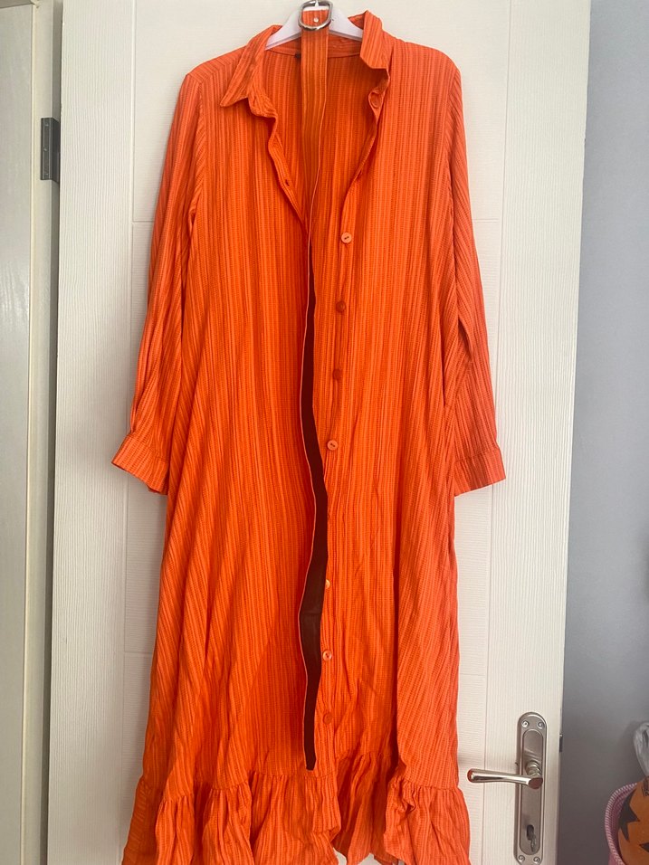 Pilili Turuncu Uzun Kollu Keten Gömlek - Görsel 2