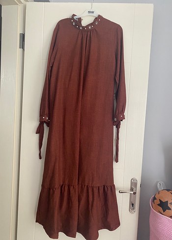 Düğmeli Uzun Keten Kadın Elbise - Görsel 2