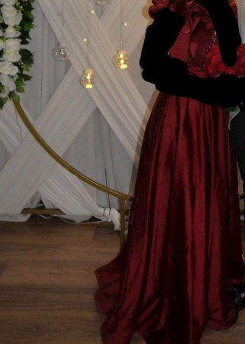 Bordo Uzun İşlemeli V Yaka Abiye Elbise - Görsel 3