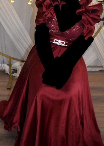 Bordo Uzun İşlemeli V Yaka Abiye Elbise - Görsel 2