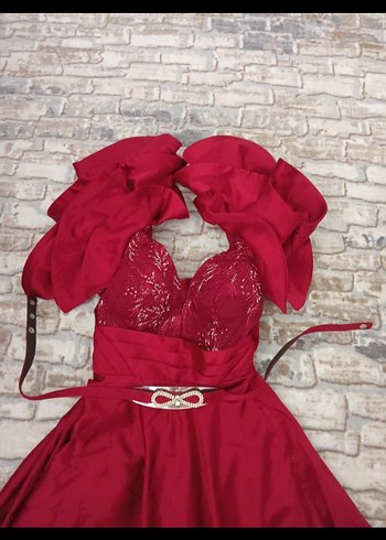 Bordo Uzun İşlemeli V Yaka Abiye Elbise - Görsel 4