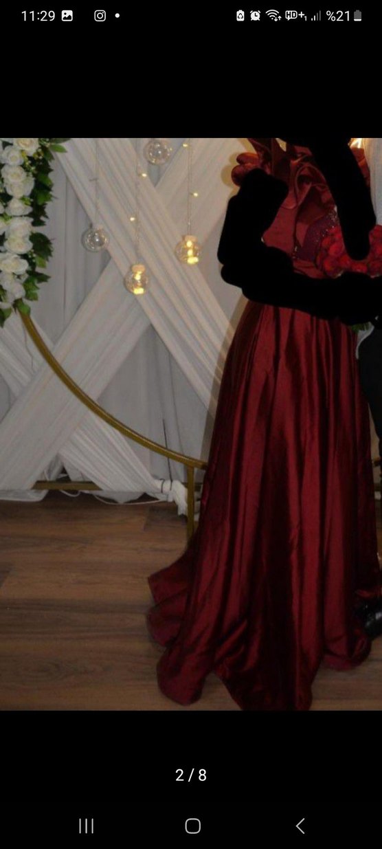 Bordo Uzun İşlemeli V Yaka Abiye Elbise - Görsel 3