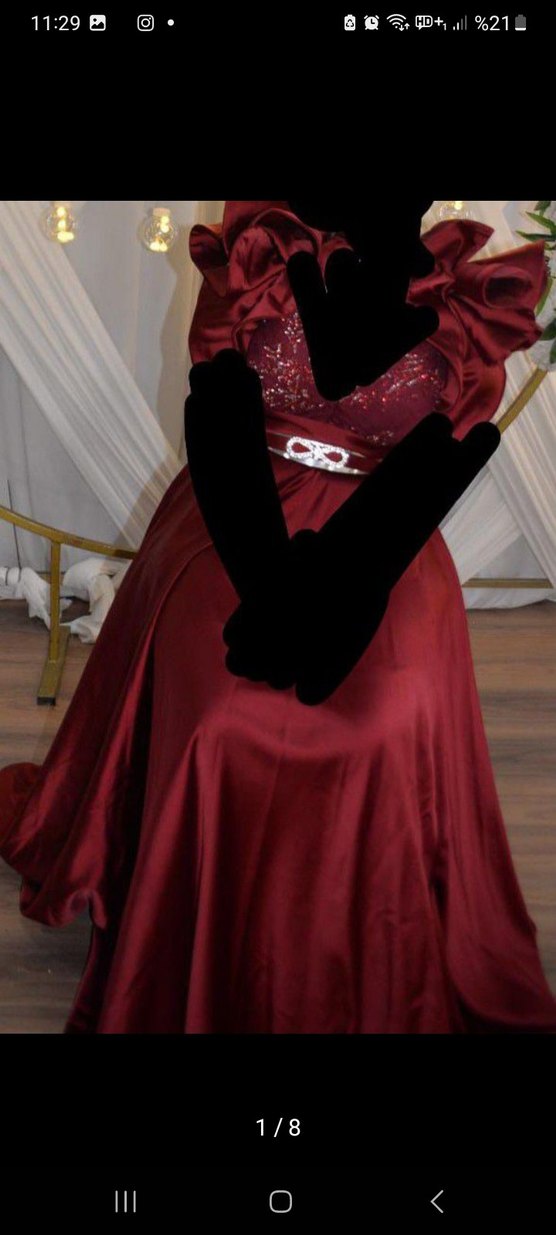 Bordo Uzun İşlemeli V Yaka Abiye Elbise - Görsel 2