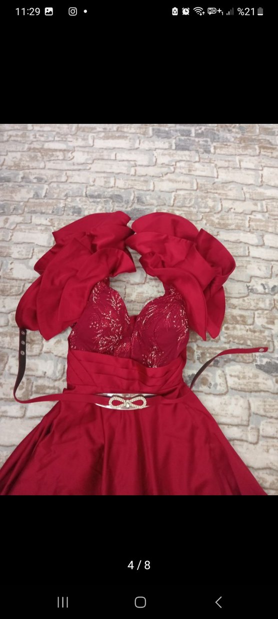 Bordo Uzun İşlemeli V Yaka Abiye Elbise - Görsel 4