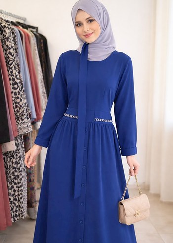Klasik Şıklıkta Uzun Lacivert Elbise - Görsel 4
