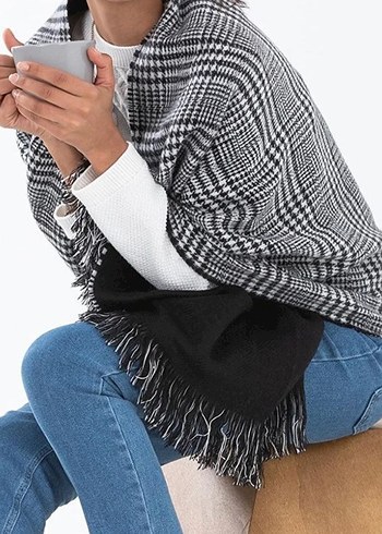 Gri siyah. çift taraflı kullanabilir Dökümlü Kadın Şal - Görsel 4