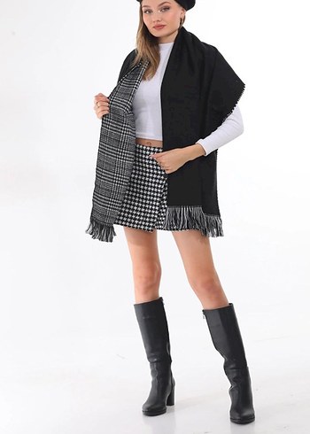 Gri siyah. çift taraflı kullanabilir Dökümlü Kadın Şal - Görsel 2