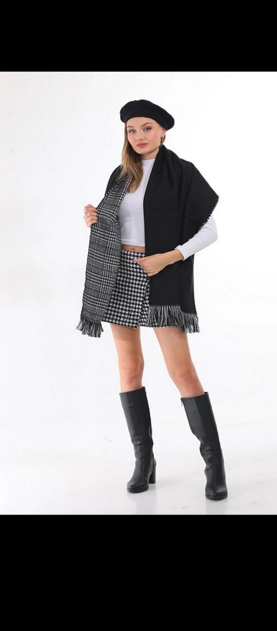 Gri siyah. çift taraflı kullanabilir Dökümlü Kadın Şal - Görsel 2