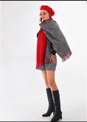 Kırmızı ve Gri Örgü Kadın Atkı şal - Görsel 3
