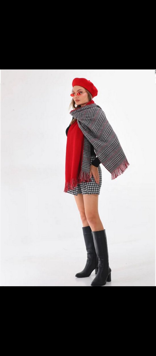 Kırmızı ve Gri Örgü Kadın Atkı şal - Görsel 3