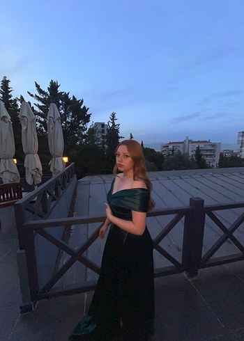 Uzun Drapeli kayık kol Yeşil Elbise