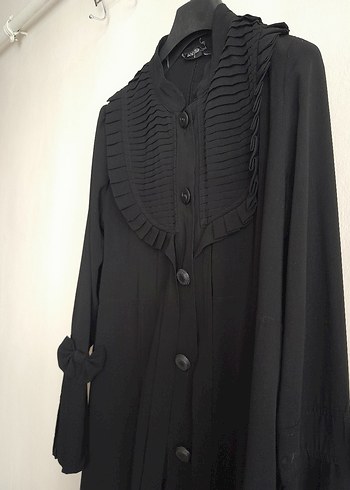 Kadın Siyah Uzun Keten Goth Düğmeli Kaban - Görsel 3