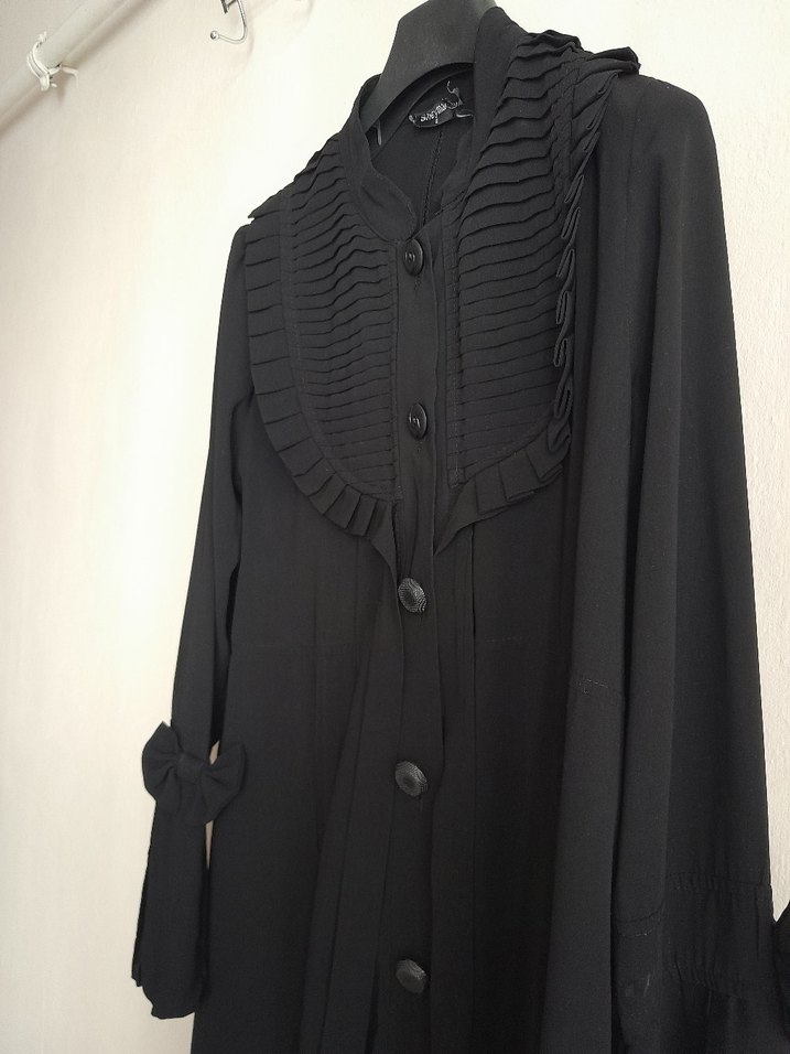 Kadın Siyah Uzun Keten Goth Düğmeli Kaban - Görsel 3